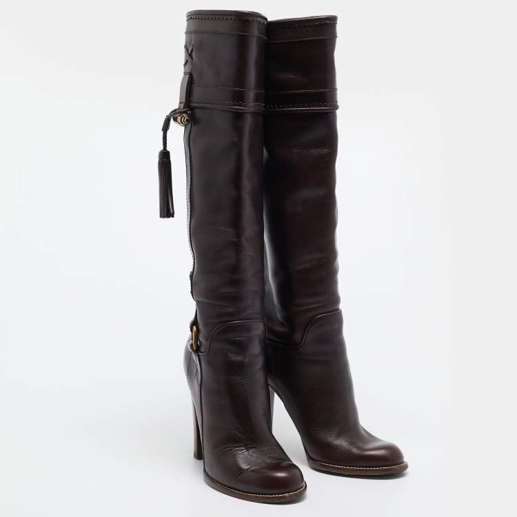 Pre Owned Dolce & Gabbana Brown Leather Knee Length Boots Size 37.5