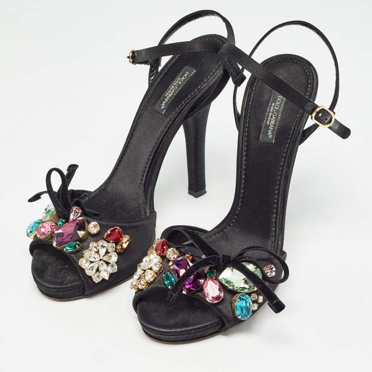 Pre Owned Dolce & Gabbana Black Satin Crystal Embellished Ankle Strap Sandals Size 37
