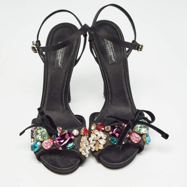 Pre Owned Dolce & Gabbana Black Satin Crystal Embellished Ankle Strap Sandals Size 37