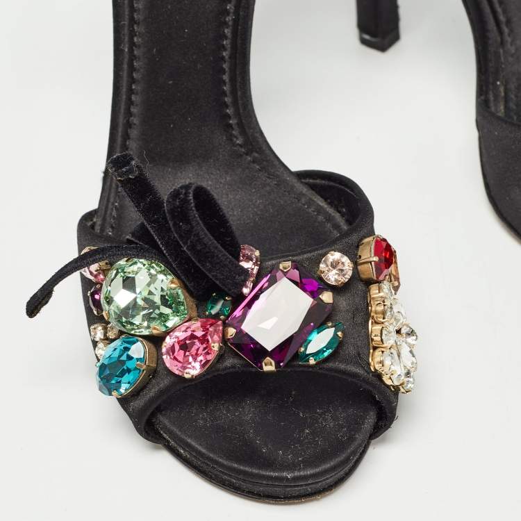 Pre Owned Dolce & Gabbana Black Satin Crystal Embellished Ankle Strap Sandals Size 37