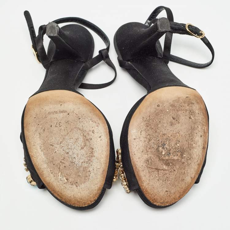 Pre Owned Dolce & Gabbana Black Satin Crystal Embellished Ankle Strap Sandals Size 37