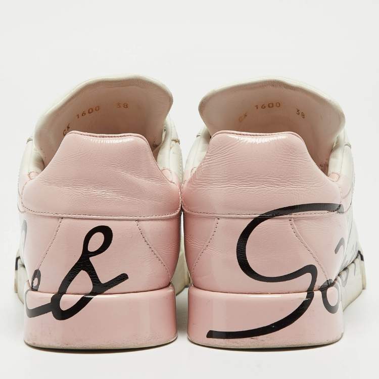 Pre Owned Dolce & Gabbana White/Pink Leather and Patent Portofino Sneakers Size 38
