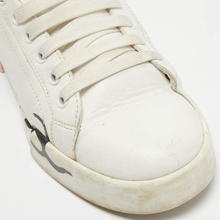 Pre Owned Dolce & Gabbana White/Pink Leather and Patent Portofino Sneakers Size 38
