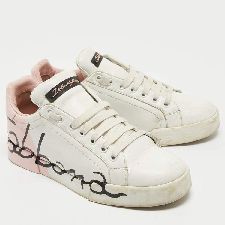 Pre Owned Dolce & Gabbana White/Pink Leather and Patent Portofino Sneakers Size 38