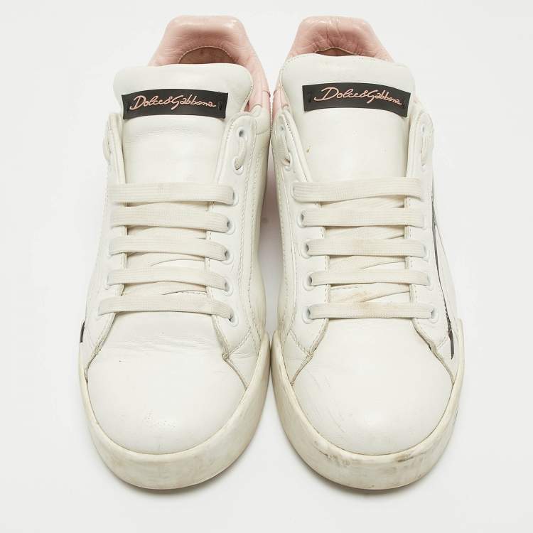 Pre Owned Dolce & Gabbana White/Pink Leather and Patent Portofino Sneakers Size 38