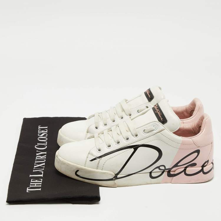 Pre Owned Dolce & Gabbana White/Pink Leather and Patent Portofino Sneakers Size 38