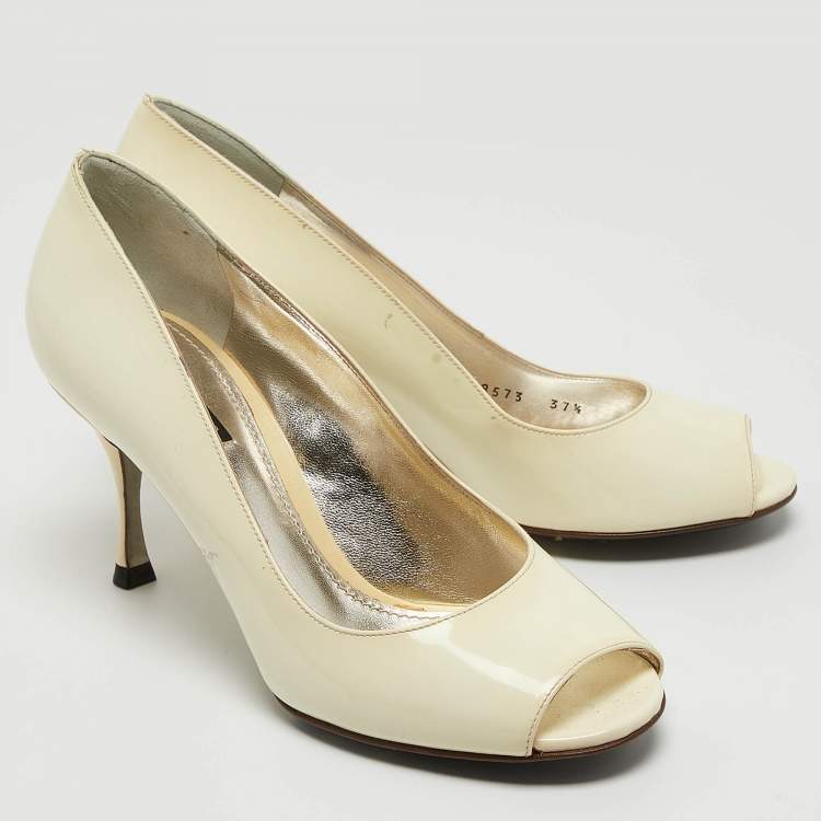 Pre Owned Dolce & Gabbana Cream Patent Leather Open Toe Pumps Size 37.5