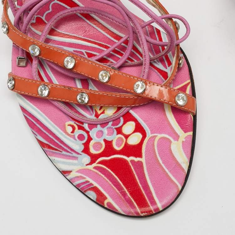 Pre Owned Dolce & Gabbana Multicolor Patent and Leather Ankle Tie Open Toe Sandals Size 40
