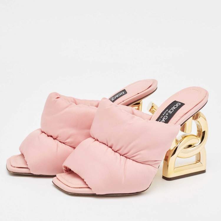 Pre Owned Dolce & Gabbana Pink Quilted Nylon Dg Heel Slide Sandals Size 38.5