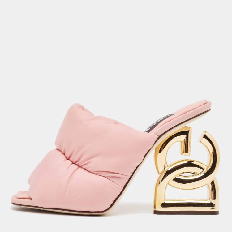 Pre Owned Dolce & Gabbana Pink Quilted Nylon Dg Heel Slide Sandals Size 38.5