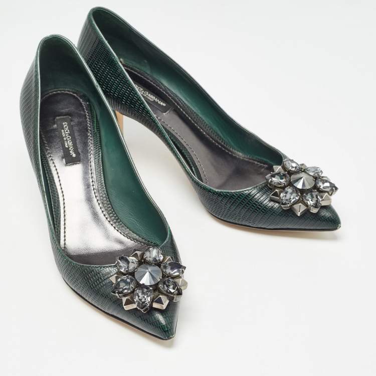 Pre Owned Dolce & Gabbana Dark Green Embossed Lizard Bellucci Pumps Size 37.5