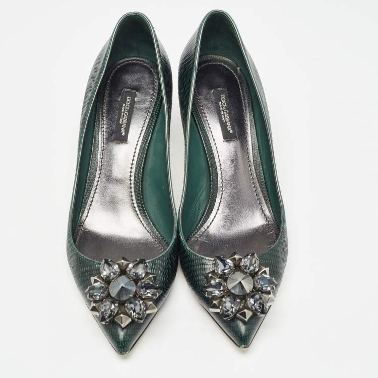 Pre Owned Dolce & Gabbana Dark Green Embossed Lizard Bellucci Pumps Size 37.5