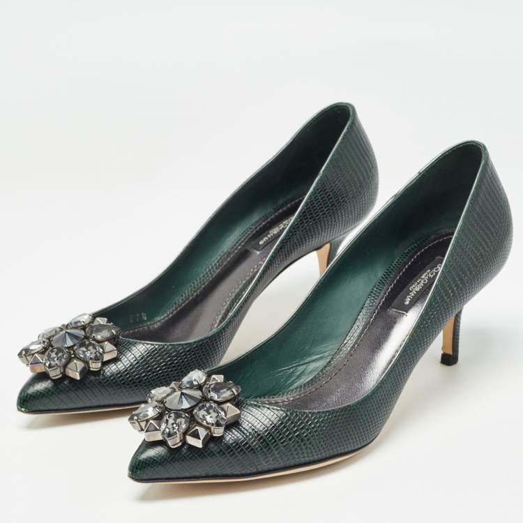 Pre Owned Dolce & Gabbana Dark Green Embossed Lizard Bellucci Pumps Size 37.5