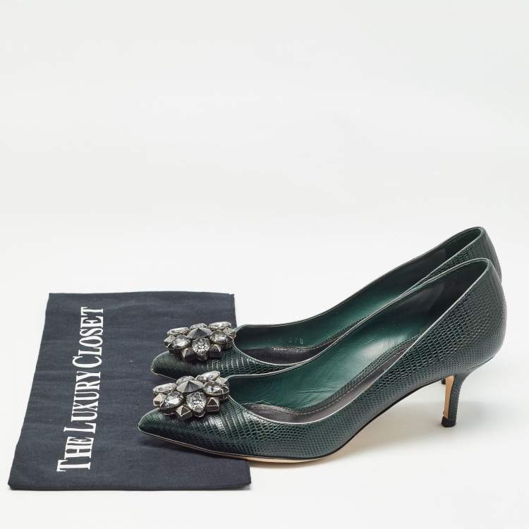 Pre Owned Dolce & Gabbana Dark Green Embossed Lizard Bellucci Pumps Size 37.5