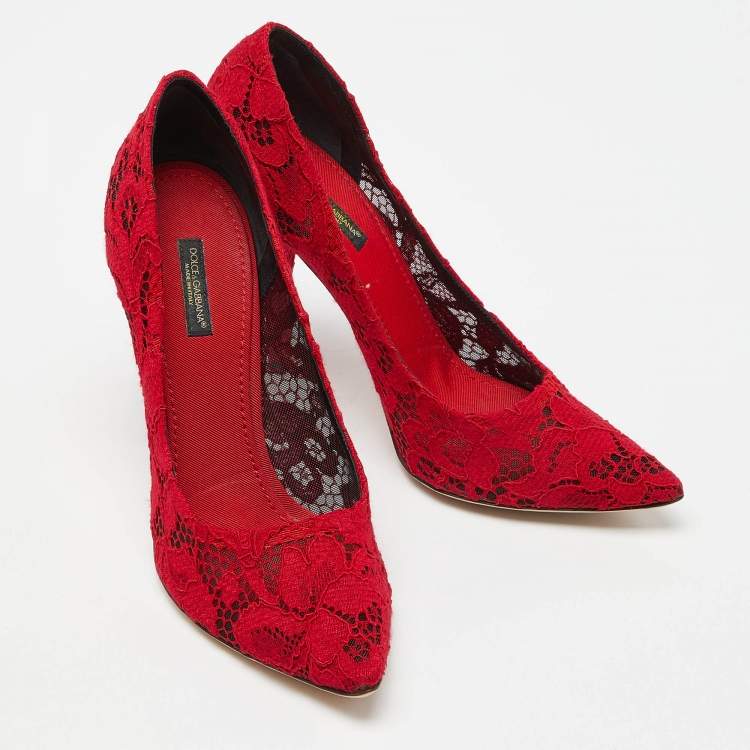 Pre Owned Dolce & Gabbana Red Lace Pointed Toe Pumps Size 39