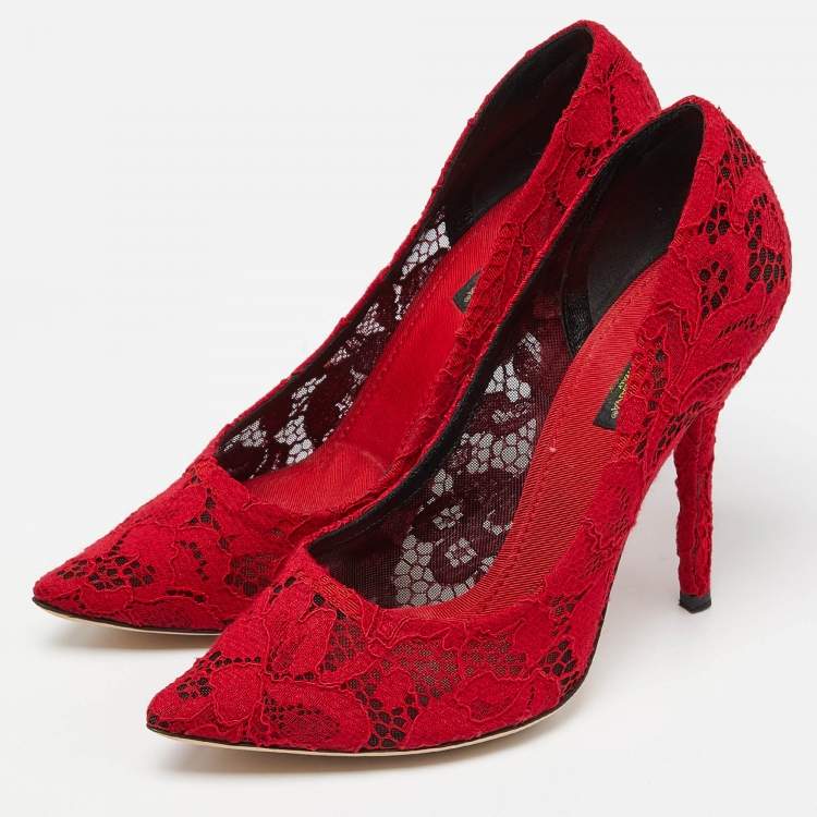 Pre Owned Dolce & Gabbana Red Lace Pointed Toe Pumps Size 39