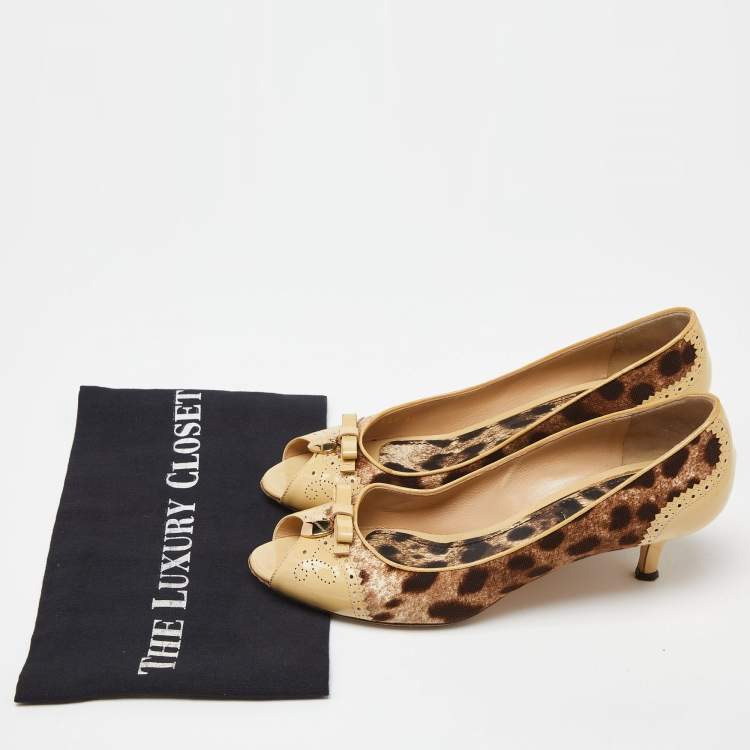 Pre Owned Dolce & Gabbana Brown Leopard Print Canvas Patent Leather Peep Toe Pumps Size 39