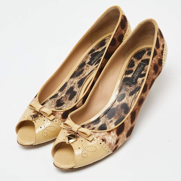 Pre Owned Dolce & Gabbana Brown Leopard Print Canvas Patent Leather Peep Toe Pumps Size 39