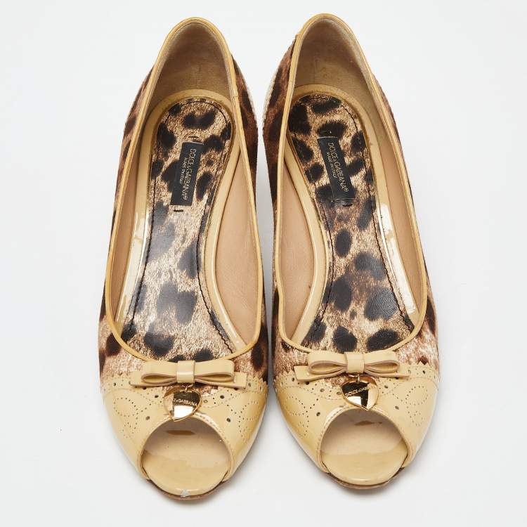 Pre Owned Dolce & Gabbana Brown Leopard Print Canvas Patent Leather Peep Toe Pumps Size 39