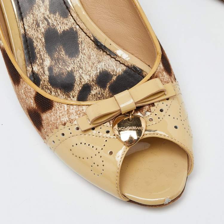 Pre Owned Dolce & Gabbana Brown Leopard Print Canvas Patent Leather Peep Toe Pumps Size 39