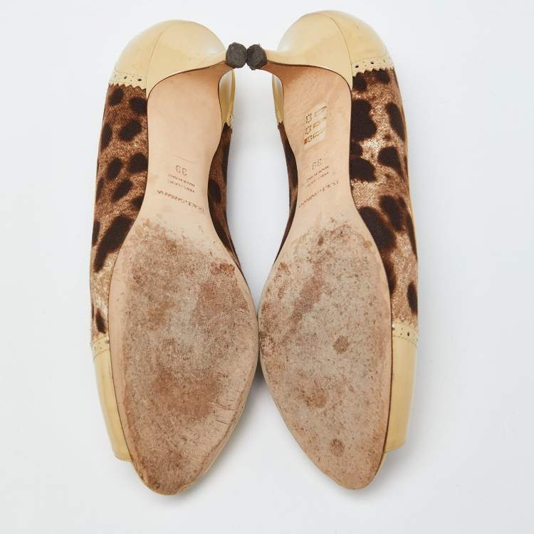 Pre Owned Dolce & Gabbana Brown Leopard Print Canvas Patent Leather Peep Toe Pumps Size 39