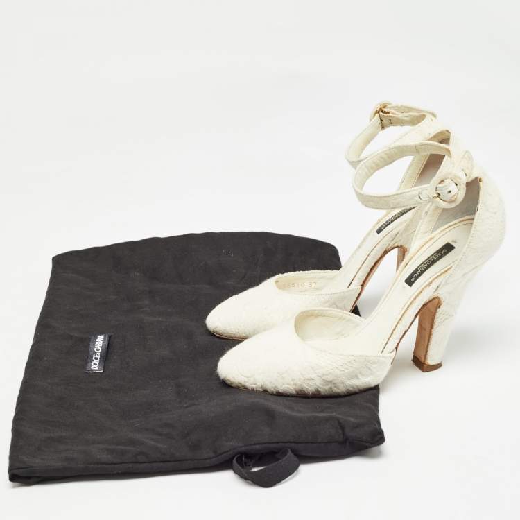 Pre Owned Dolce & Gabbana White Jacquard Fabric Ankle Strap Pumps Size 37