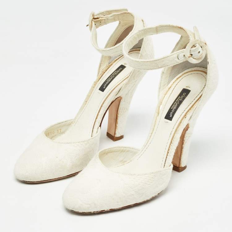 Pre Owned Dolce & Gabbana White Jacquard Fabric Ankle Strap Pumps Size 37