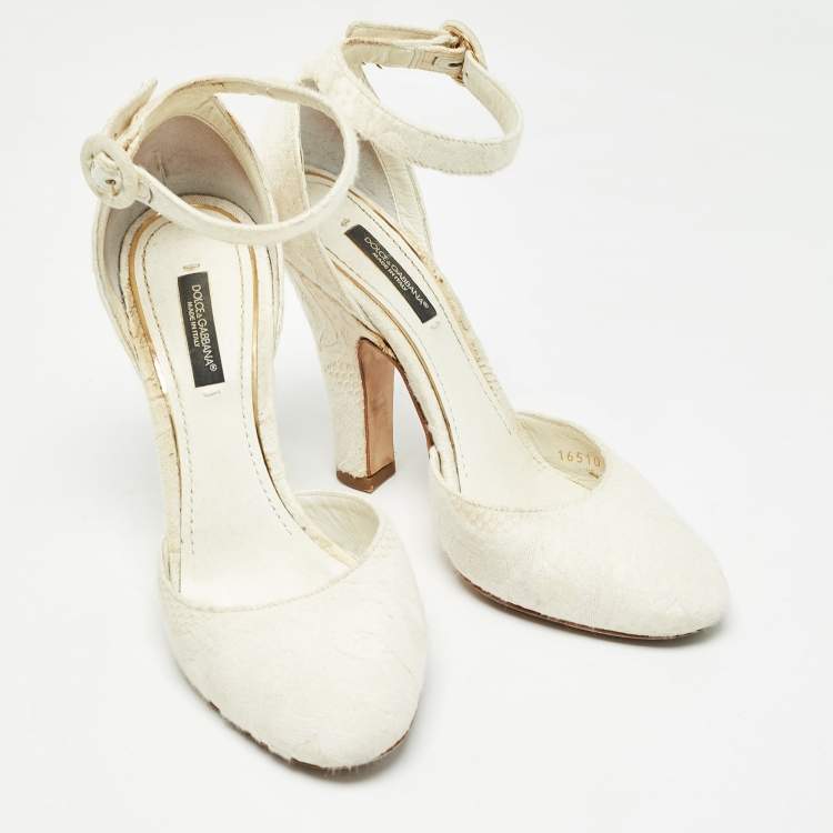 Pre Owned Dolce & Gabbana White Jacquard Fabric Ankle Strap Pumps Size 37