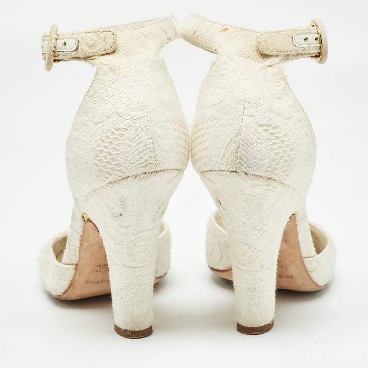 Pre Owned Dolce & Gabbana White Jacquard Fabric Ankle Strap Pumps Size 37