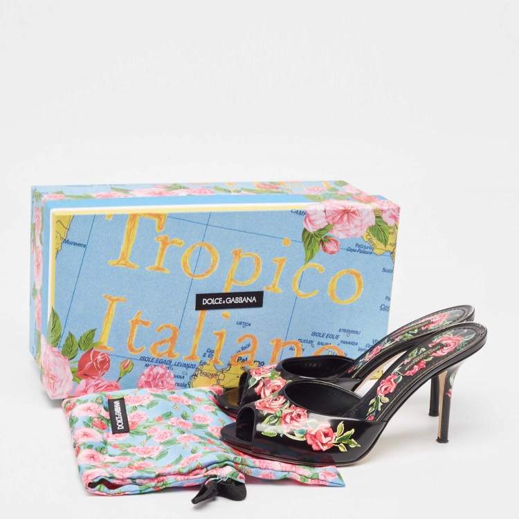 Pre Owned Dolce & Gabbana Black Leather Rose Print Slide Sandals Size 37