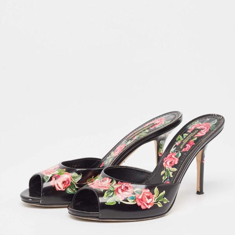Pre Owned Dolce & Gabbana Black Leather Rose Print Slide Sandals Size 37