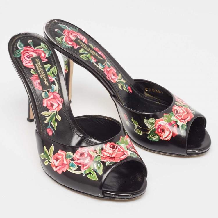 Pre Owned Dolce & Gabbana Black Leather Rose Print Slide Sandals Size 37