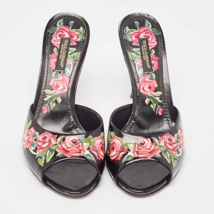 Pre Owned Dolce & Gabbana Black Leather Rose Print Slide Sandals Size 37