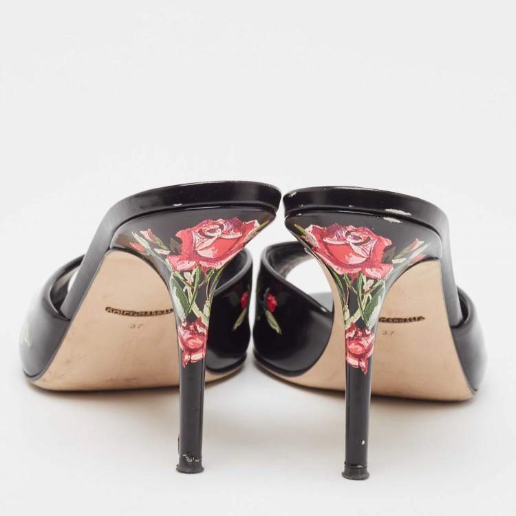 Pre Owned Dolce & Gabbana Black Leather Rose Print Slide Sandals Size 37