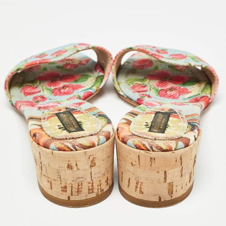 Pre Owned Dolce & Gabbana Tricolor Floral Print Canvas Slide Sandals Size 36