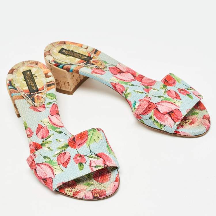 Pre Owned Dolce & Gabbana Tricolor Floral Print Canvas Slide Sandals Size 36