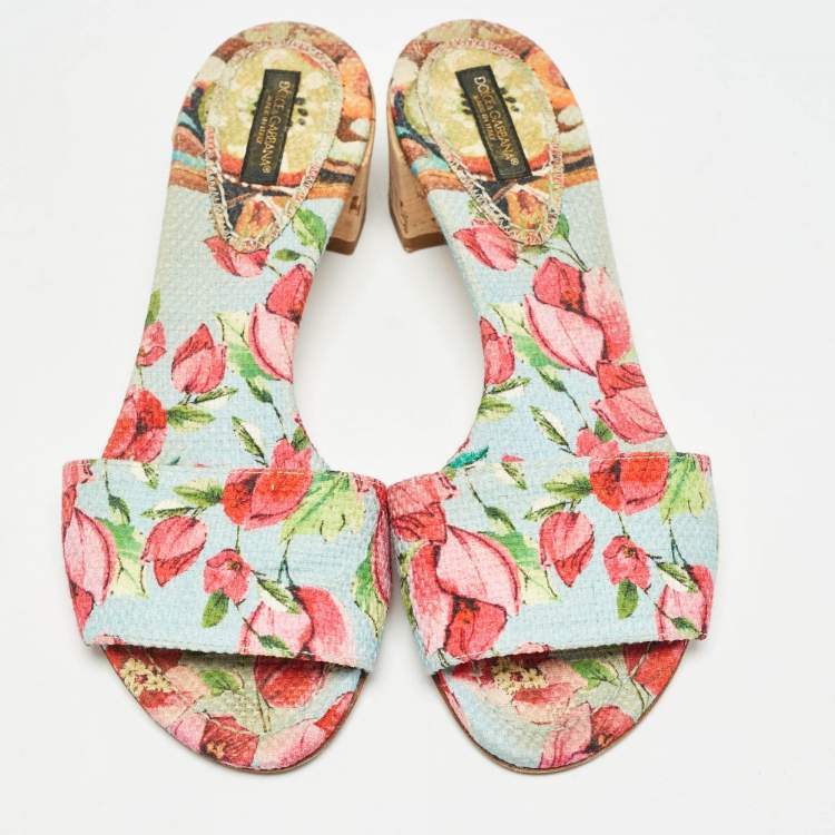 Pre Owned Dolce & Gabbana Tricolor Floral Print Canvas Slide Sandals Size 36