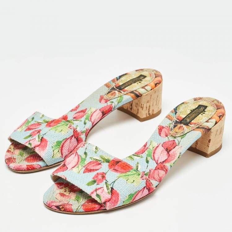 Pre Owned Dolce & Gabbana Tricolor Floral Print Canvas Slide Sandals Size 36