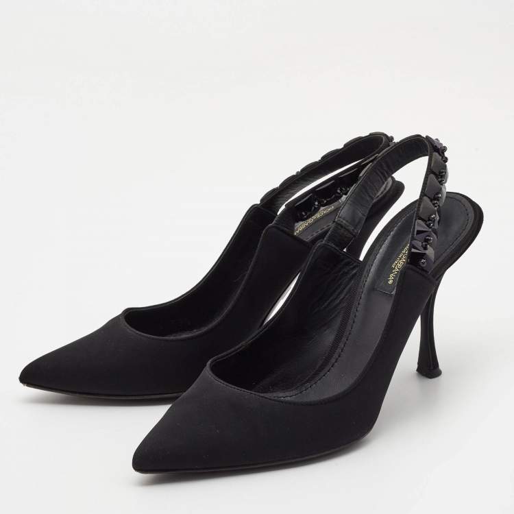 Pre Owned Dolce & Gabbana Black Fabric Crystal Embellished Slingback Pumps Size 37.5