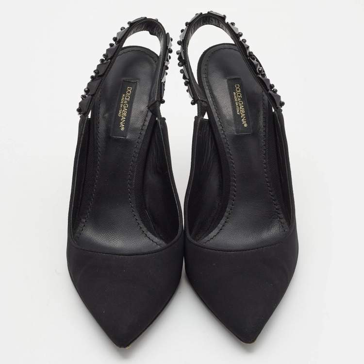 Pre Owned Dolce & Gabbana Black Fabric Crystal Embellished Slingback Pumps Size 37.5