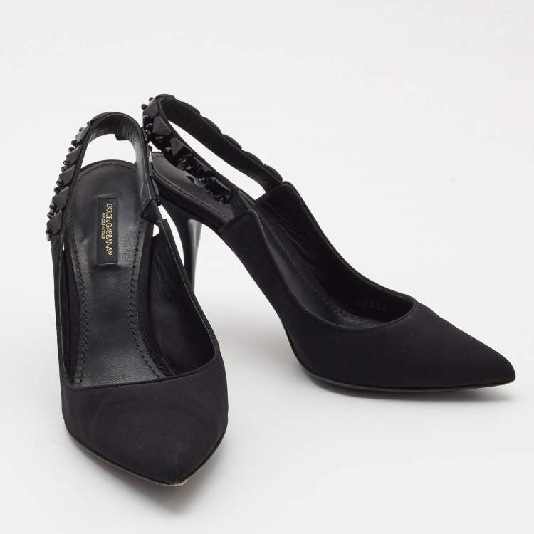 Pre Owned Dolce & Gabbana Black Fabric Crystal Embellished Slingback Pumps Size 37.5