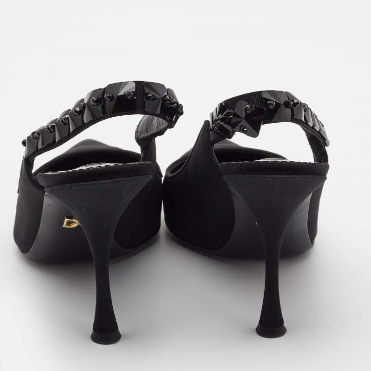 Pre Owned Dolce & Gabbana Black Fabric Crystal Embellished Slingback Pumps Size 37.5