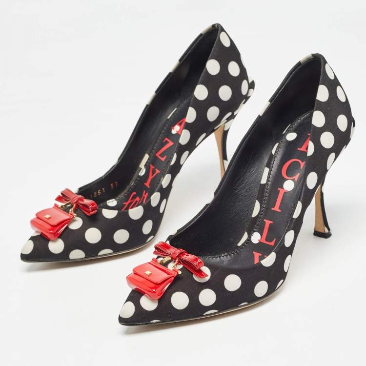 Pre Owned Dolce & Gabbana Black/White Polka Dot Fabric Bag Detail Pumps Size 37