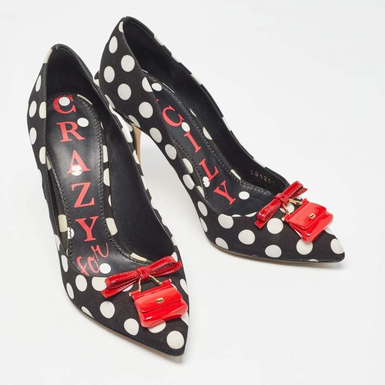 Pre Owned Dolce & Gabbana Black/White Polka Dot Fabric Bag Detail Pumps Size 37