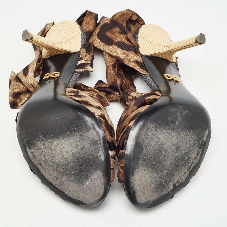 مملوكة مسبقًا Dolce & Gabbana Brown/Black Leopard Print Satin Ankle Tie Sandals Size 37