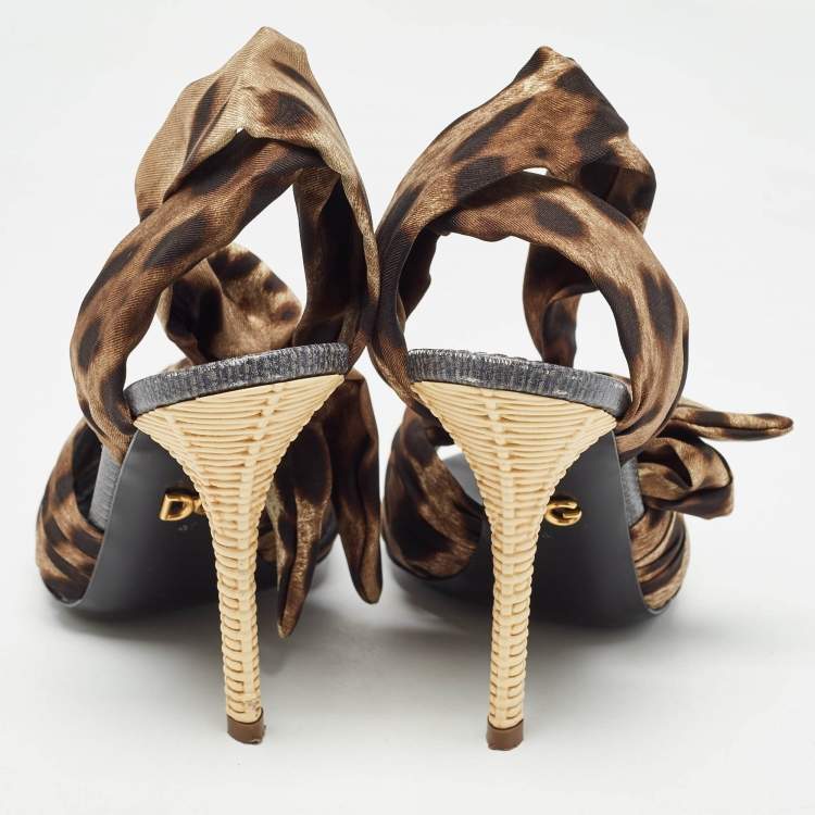 مملوكة مسبقًا Dolce & Gabbana Brown/Black Leopard Print Satin Ankle Tie Sandals Size 37