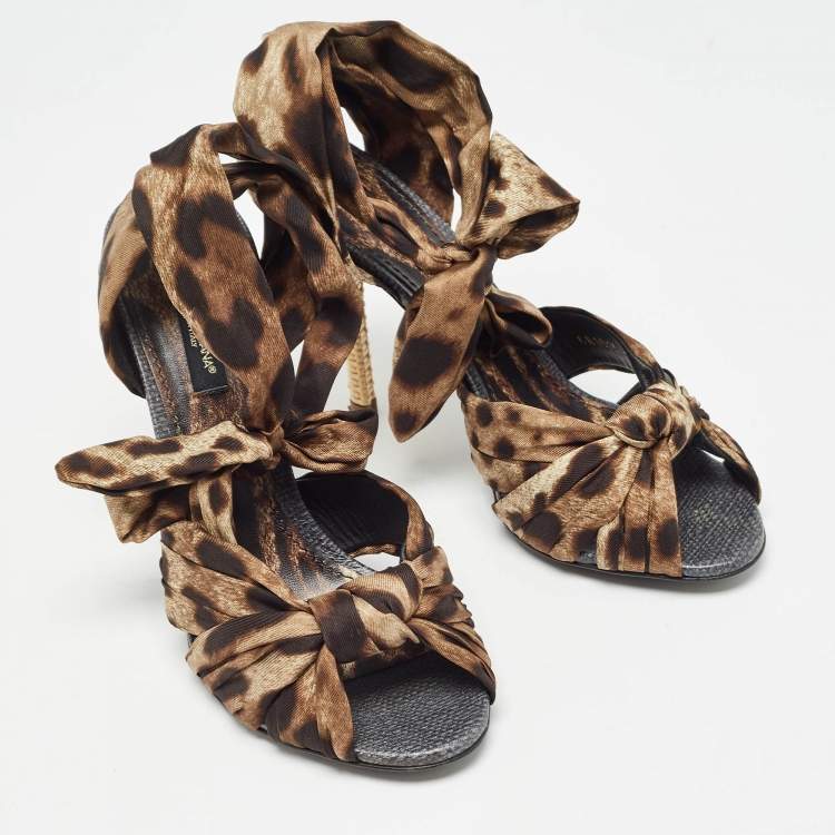 مملوكة مسبقًا Dolce & Gabbana Brown/Black Leopard Print Satin Ankle Tie Sandals Size 37
