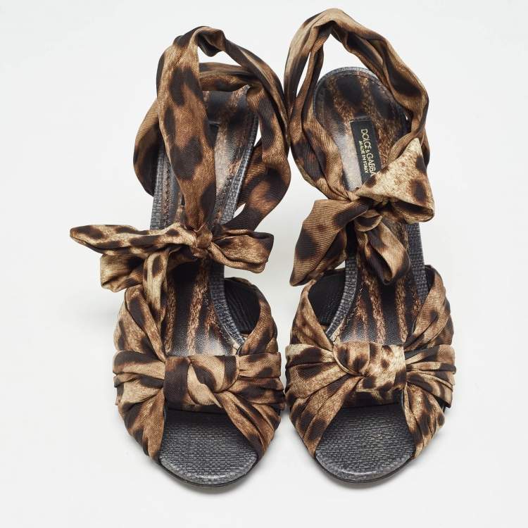 مملوكة مسبقًا Dolce & Gabbana Brown/Black Leopard Print Satin Ankle Tie Sandals Size 37