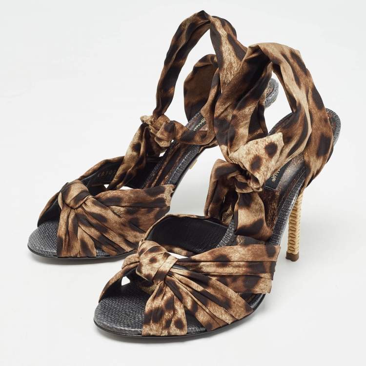 مملوكة مسبقًا Dolce & Gabbana Brown/Black Leopard Print Satin Ankle Tie Sandals Size 37