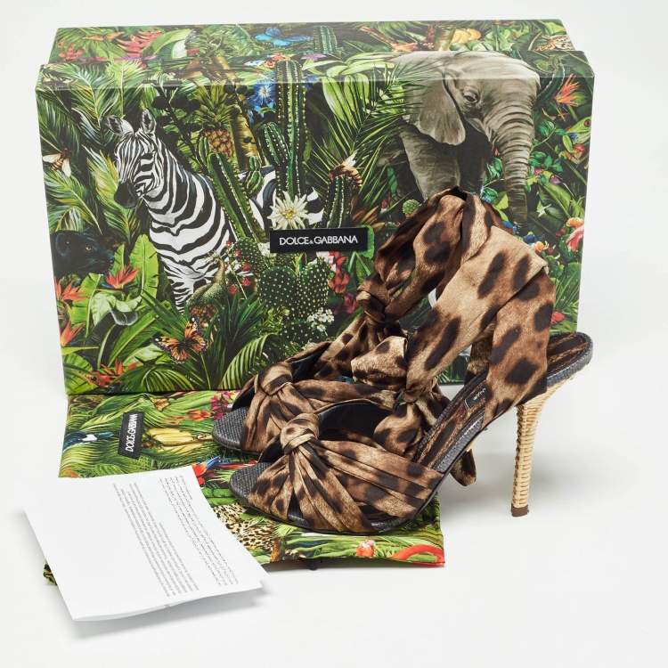 مملوكة مسبقًا Dolce & Gabbana Brown/Black Leopard Print Satin Ankle Tie Sandals Size 37